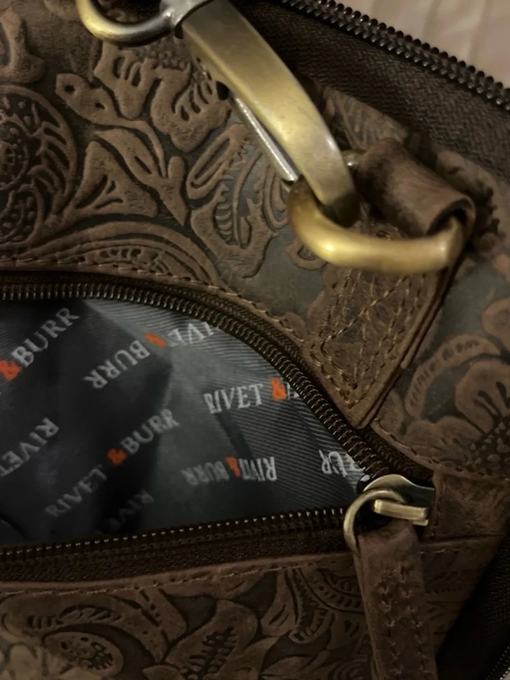 Rivet & Burr  Embossed Floral Brown Leather Concealed Carry Crossbody Bag